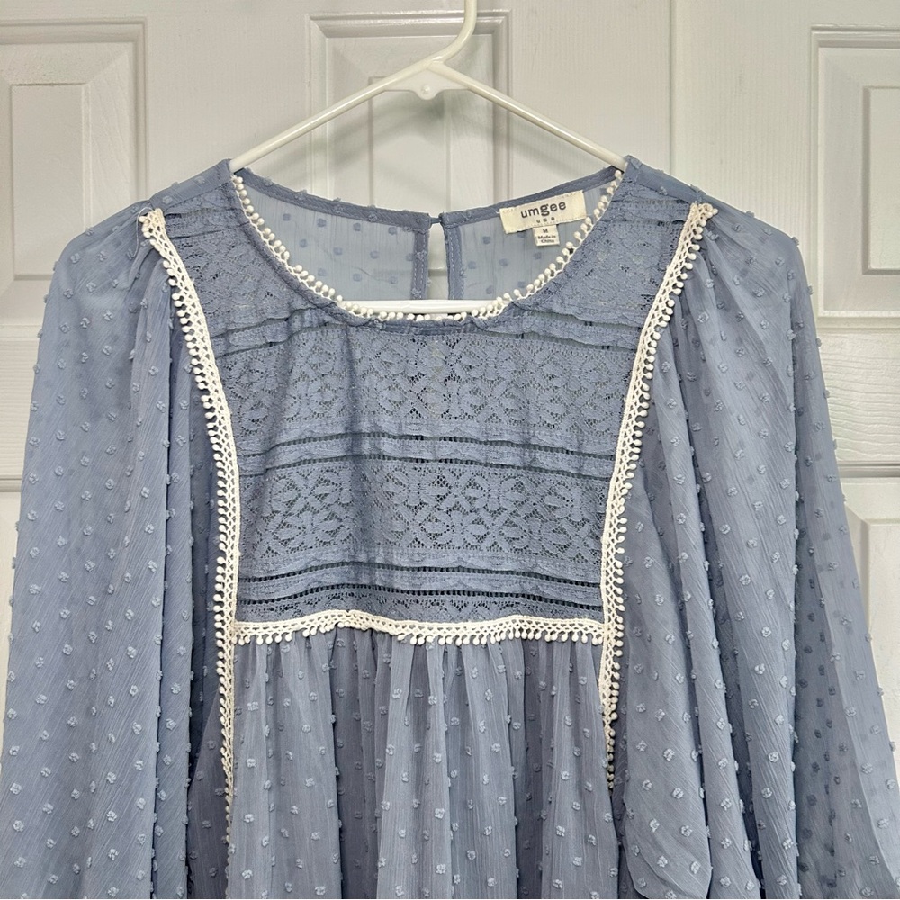 Umgee Blue Sheer Swiss Dot Lace Trim Balloon Sleeve Cottagecore Blouse Sz Medium - Picture 2 of 16